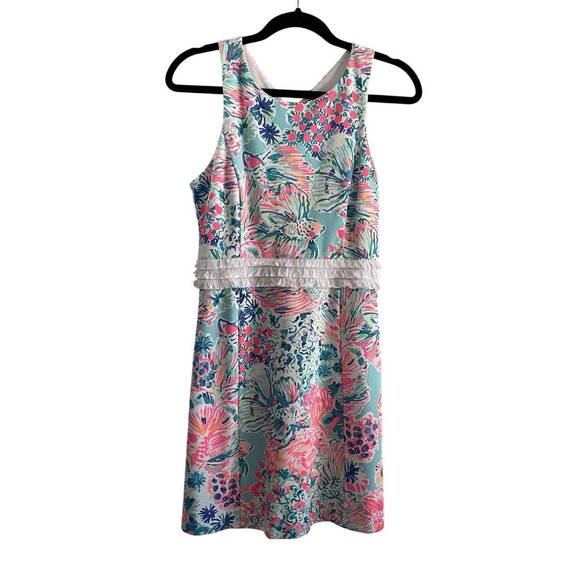 Lilly Pulitzer Sz XS Serene Blue Gypsea Preppy Tropical Arden Fringe Shift Dress - Picture 2 of 12